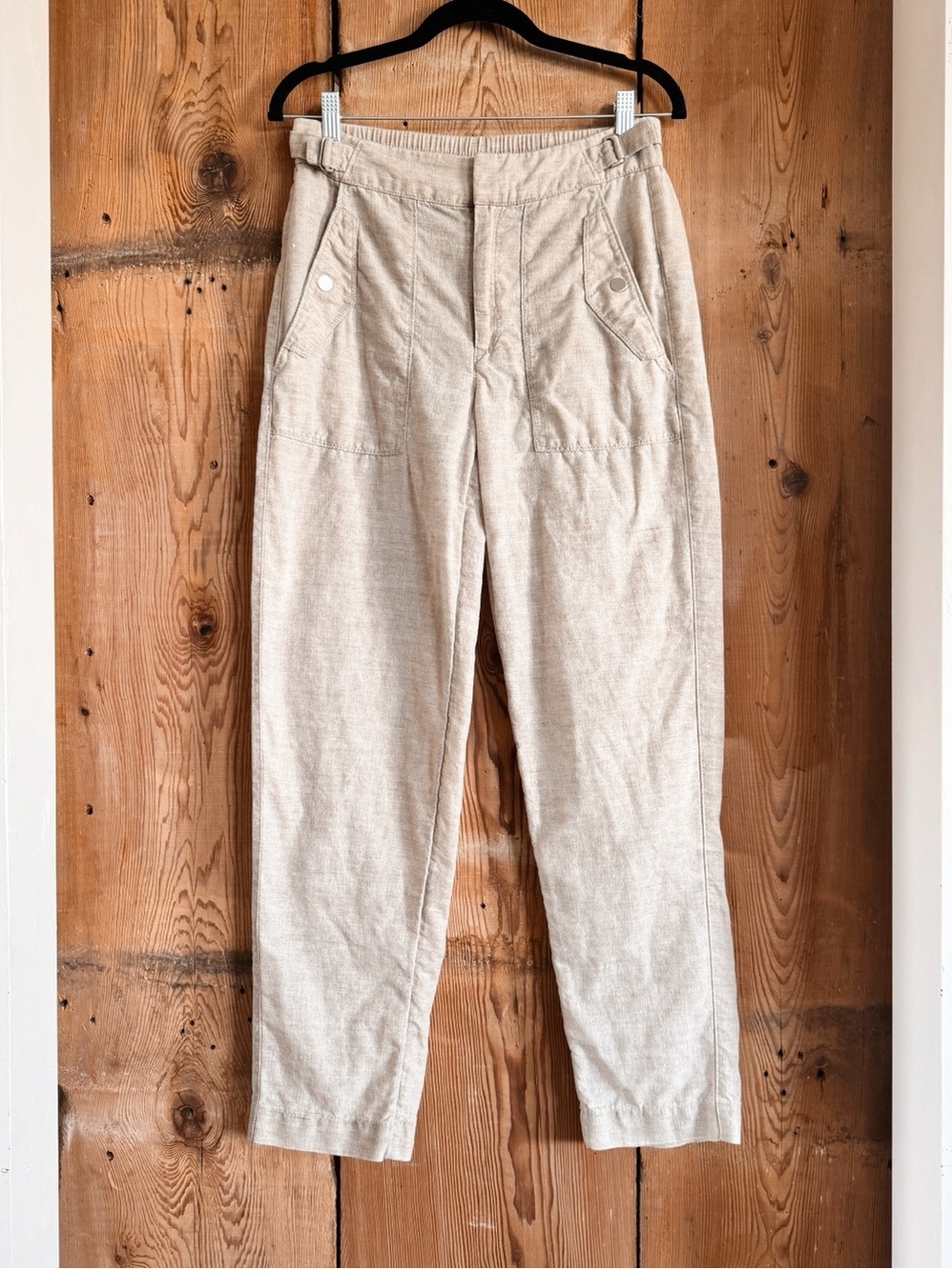 Sz 4 Tall Athleta 100% Linen Voyager Beige High Rise Tapered Ankle Utility Pant